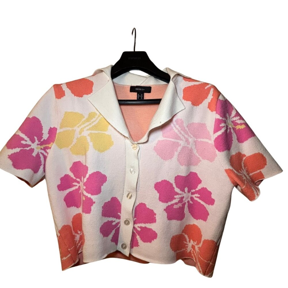 Forever 21 Sz 3X Tropical Floral Knit Short Sleeve Button Crop Top Summer Beach